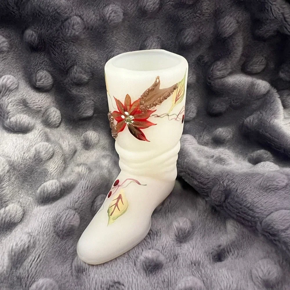 Fenton Art Glass Hand Painted Boot Poinsettia Leaf Signed J Powell 3